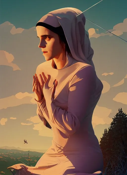 Image similar to poster artwork by Michael Whelan and Tomer Hanuka, Karol Bak of Emma Watson nun, on her knees crying into the sky, from scene from Twin Peaks, clean