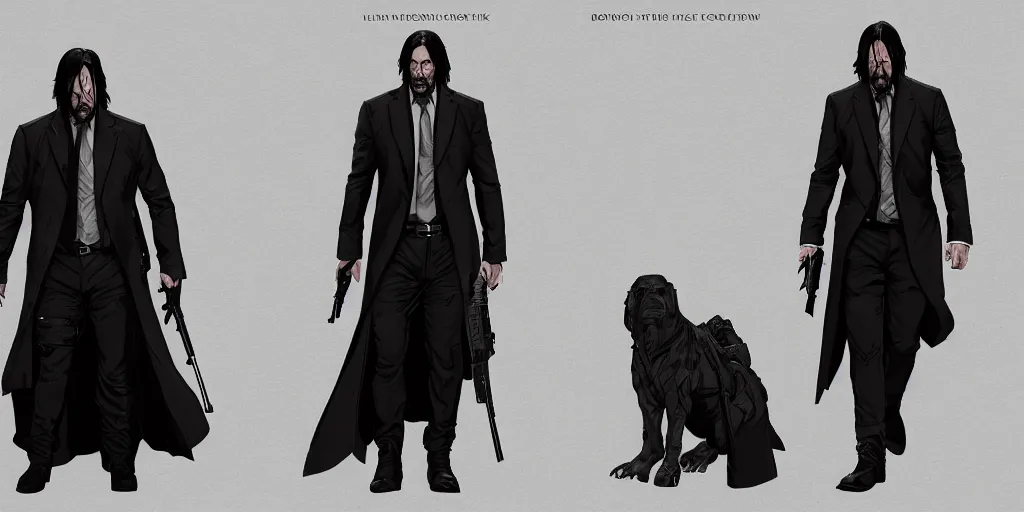 Image similar to john wick, character sheet, concept design, contrast, kim jung gi, greg rutkowski, zabrocki, karlkka, jayison devadas, trending on artstation, 8 k, ultra wide angle, pincushion lens effect