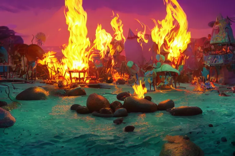 Image similar to the most amazing dream you ever had about bikini bottom bonfire, hyper realistic, ambient lighting, concept art, intricate, hyper detailed, smooth, dynamic volumetric lighting, octane, cinematic