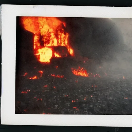 Prompt: a polaroid picture of hell's great raging inferno