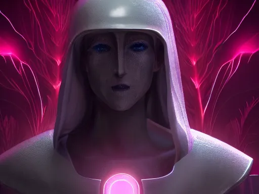 Image similar to a gray faceless figure, ascended, robot wizard, NPC with a saint\'s halo, saintly halo behind their head made of neon filigree, consulting the cyber oracle of all knowledge, at the end of time, in an esoteric ritual exchange of physical code, 8k, 4k, unreal 5, DAZ, trending on artstation, octane render, abstract painting, bright blue future