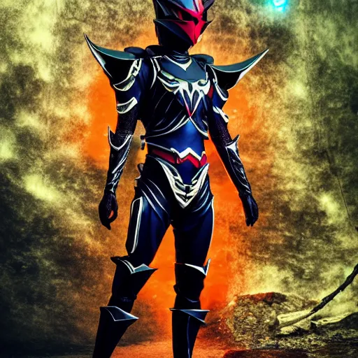 Prompt: High Fantasy Kamen Rider, single character full body, 4k, glowing eyes, rock quarry location, daytime, black rubber suit, pvc armor, dark blue with red secondary color dragon inspired segmented armor, ultra realistic, vibrant colors, Kiyotaka Taguchi Cinematography