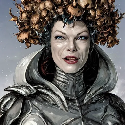 Prompt: mister freeze as an attractive young smiling woman played by milla jovovich wearing a mushroom crown and heavy armoured wedding dress, face portrait, hd shot, digital portrait, elegant, beautiful, fantasy art, artstation, comic style, by artgerm, guy denning, jakub rozalski, magali villeneuve and charlie bowater