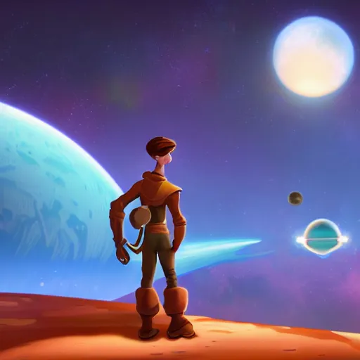 Prompt: character design of a stylized explorer and cartographer in front of a space landscape in style of treasure planet by disney, highly detailed, stylized texture and modeling 3D in the style of marpro3D, artstation, concept art, unreal 5, hyperrealistic, realistic, photorealistic, dynamic lighting, highly detailed, cinematic landscape, studio landscape, studio lighting