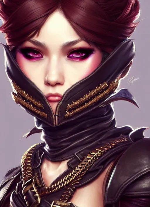 Image similar to rogue, fantasy ornate leather bandit outfit!!! close - up portrait beautiful and athletic short hair female!! gorgeous face and eyes!! character concept art, sharp focus, octane render! unreal engine 5! highly rendered!! trending on artstation!! detailed linework!! illustration by artgerm, wlop, and chie yoshii