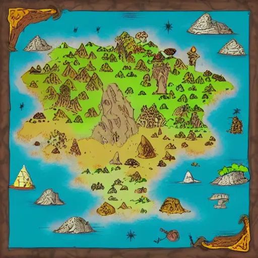 Image similar to fantasy world map, colourful, varying environments