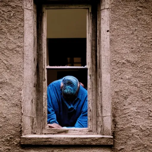 Image similar to a headless old man seen through a window