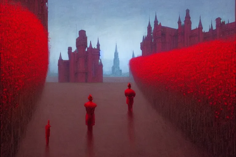 Image similar to only with red, red flowers of different types, red castle in background, red medieval big goblins, in the style of beksinski, parts by edward hopper, parts by rodcenko, parts by yue minjun, intricate and epic composition, red by caravaggio, insanely quality, highly detailed, masterpiece, red light, artstation, 4 k