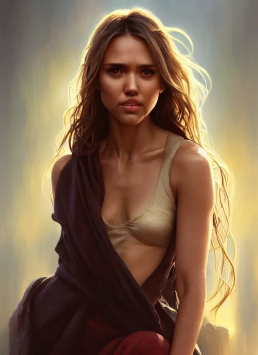 Image similar to half Jessica Alba half Nathalie Portman half scarlett johansonna pure attractive godess, full body portrait, slight smile, diffuse natural sun lights, autumn lights, highly detailed, digital painting, artstation, concept art, sharp focus, illustration, art by wlop and greg rutkowski and alphonse mucha and artgerm