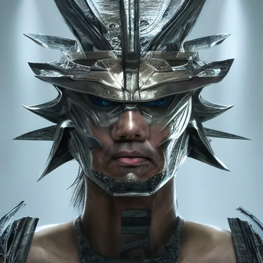 Image similar to hyper realistic, highly detailed hybrid of raiden from mortal kombat, and raiden from metal gear solid wearing an asian conical hat. portrait, stephen bliss, unreal engine, greg rutkowski, beeple global illumination, translucent, sub - surface scattering, detailed and intricate environment