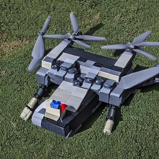 Prompt: a military drone made of legos, realistic photography, high detailed