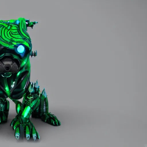 Prompt: hybrid of a cyborg dog and a malachite golem kaiju, ultra detailed, 8 k, rule of thirds, professional lighting, unreal engine.