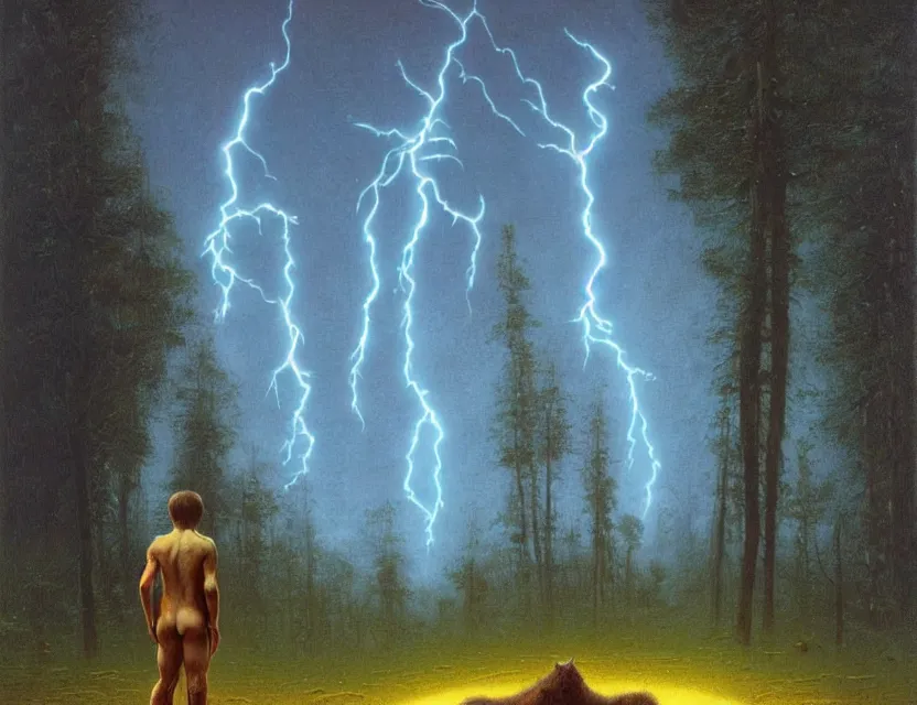 Prompt: a detailed portrait painting of a lone sasquatch with thick brown body fur. Head and chest only. Movie scene, cinematic sci-fi scene. accurate anatomy. portrait symmetrical and science fiction theme with lightning, aurora lighting. trees. Futurism by beksinski carl spitzweg moebius and tuomas korpi. intricate artwork by caravaggio. Oil painting. Trending on artstation. 8k