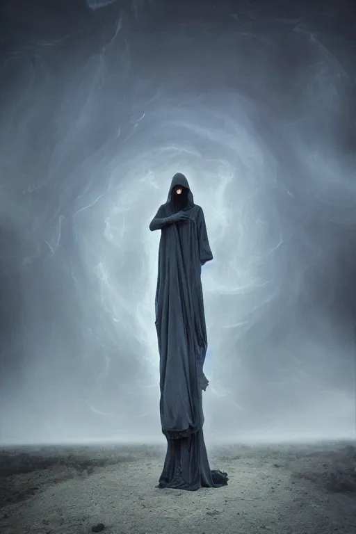 Image similar to dark hooded wraith, standing in front of hyper dimension portal into another realm, epic surrealism 8k oil painting, perspective, high definition, post modernist layering, by Sean Yoro, Peter Kemp