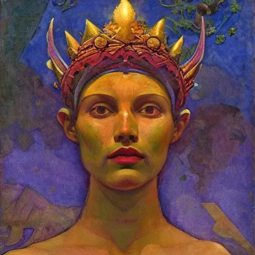 Image similar to the forest crown, by Annie Swynnerton and Nicholas Roerich and Diego Rivera, blue skin, elaborate costume, geometric ornament, rich color, dramatic cinematic lighting, smooth, sharp focus, extremely detailed