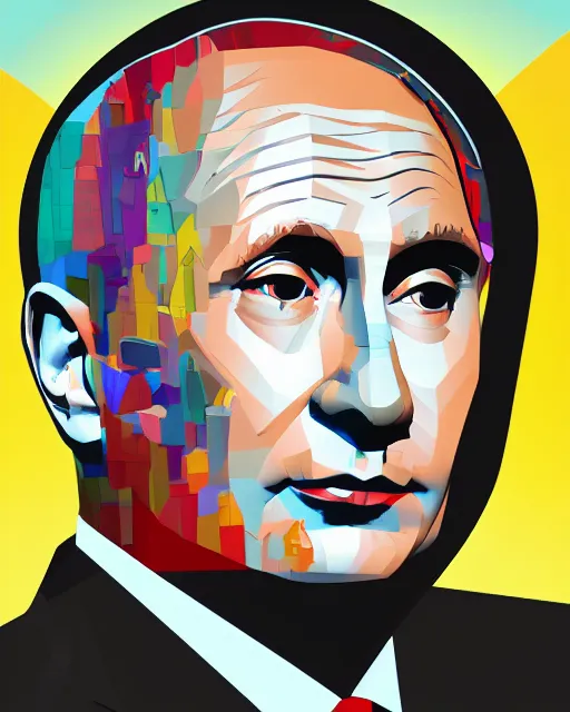 Prompt: cubist portrait of vladimir putin cutout digital illustration cartoon colorful beeple vector art