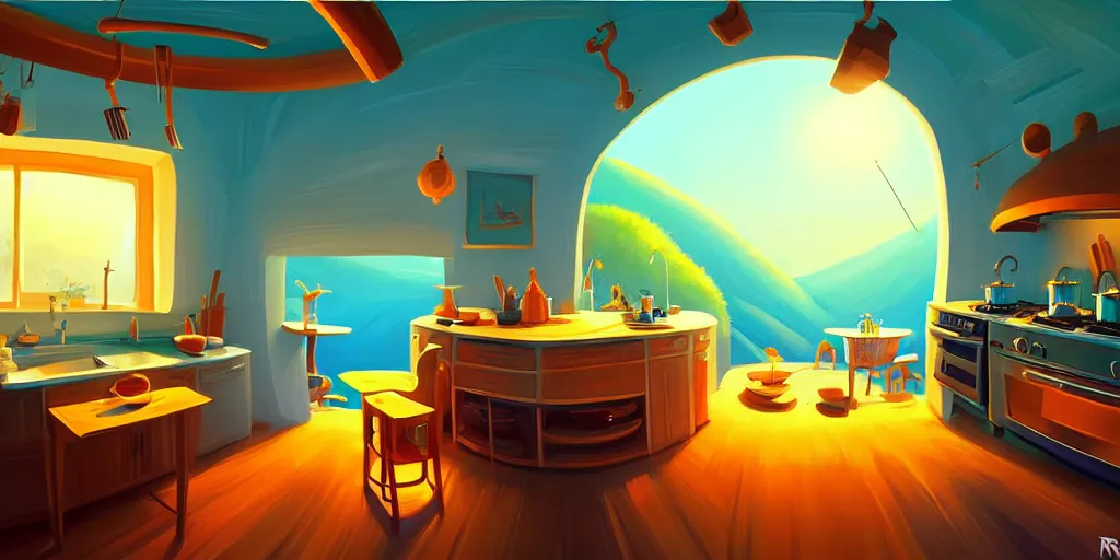 Prompt: spiral lines, naive nerikomi, weird perspective, extra narrow, detailed illustration of a kitchen dimly lit in a scenic spiral environment by rhads from lorax movie, trending artstation, true color, fisheye