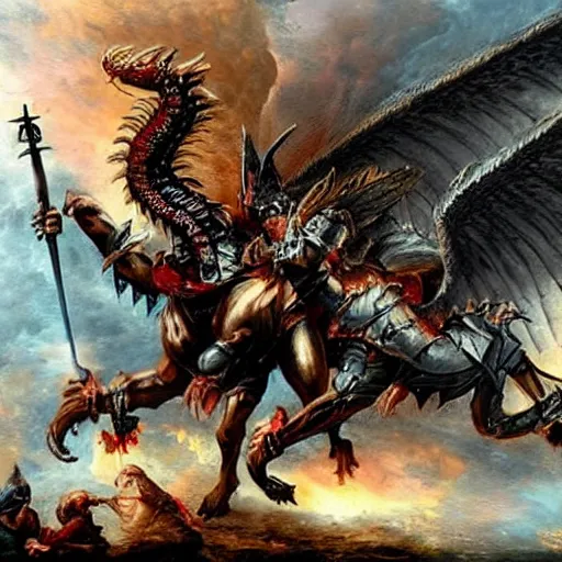 Prompt: the angels of the lord join hands to fight the black dragon