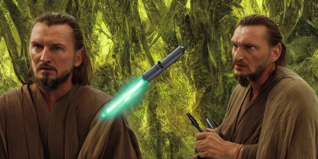 Prompt: liam leeson qui - gon jinn lightsaber phantom menace jungle scene, hyper realistic face 4 k, movie still, uhd, sharp, detailed, cinematic, render, modern