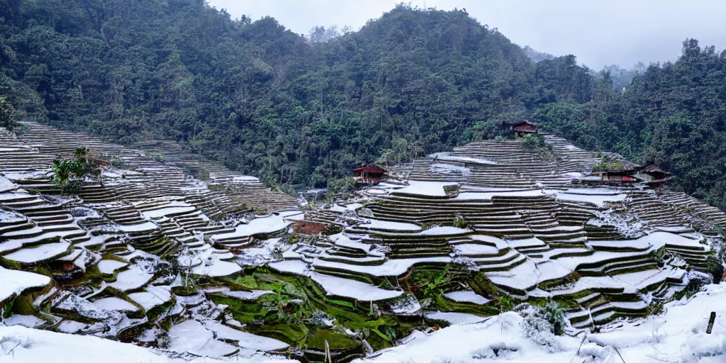 Image similar to a photo of ifugao rice terraces in the Philippines snowing and everything is covered with snow, winter wonderland, tropical snow, bad cold weather