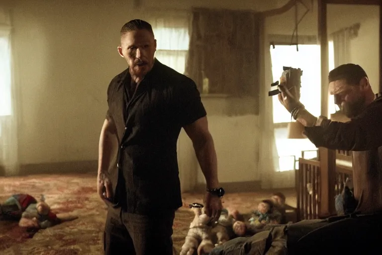 Image similar to film still of Tom Hardy as Max Payne in a dark dream next to a baby crib in the Max Payne movie, 4k