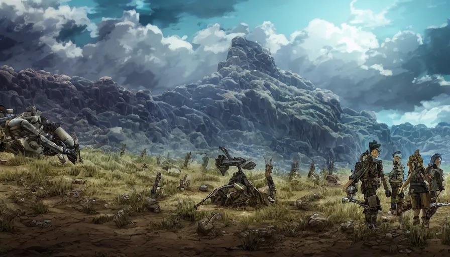 Image similar to the beautiful, chilling, panoramic view of dead soldiers on a field and rocks at dusk with a giant wall in the background. hyperrealistic anime background illustration by kim jung ki, borderlands, colorful, extremely detailed intricate linework, smooth, super sharp focus, bright colors, high contrast, matte, octopath traveler, unreal engine 5 highly rendered, global illumination, radiant light