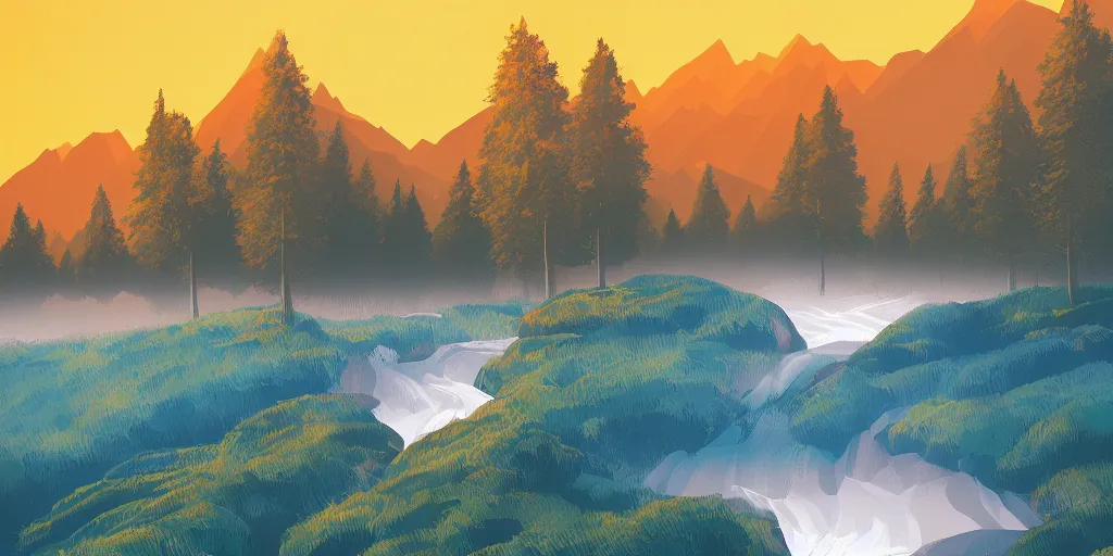 Image similar to a minimalist picture of a beautiful landscape, trees, stream, sunset, mountains, art by petros afshar