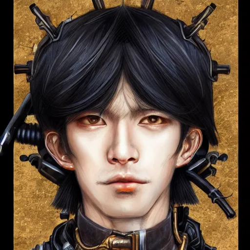 Image similar to portrait of a man by ayami kojima, japanese, he is about 2 0 years old, black short hair with bangs, he is wearing a steampunk tactical gear, highly detailed portrait, digital painting, artstation, concept art, smooth, sharp foccus ilustration, artstation hq