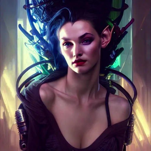 Prompt: portrait painting of a cyberpunk elven decker who looks like marilyn monroe, ultra realistic, concept art, intricate details, eerie, highly detailed, photorealistic, octane render, 8 k, unreal engine. art by artgerm and greg rutkowski and charlie bowater and magali villeneuve and alphonse mucha