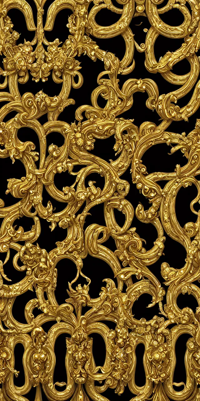 Image similar to subsurface scattering, seamless 3 d baroque gold and black pattern, beautiful dynamic shadows, gold silver iridescent pearls and swarovski crystals, symmetrical, rococo elements, damask, artstation, versace pattern, concept design art, octane render, 8 k