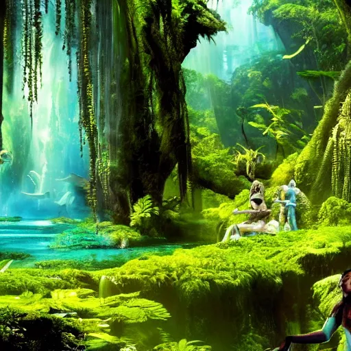 Prompt: science fiction, HD natural scene from the movie Avatar 2: Way of Water set on the planet Pandora, na'vi in shot