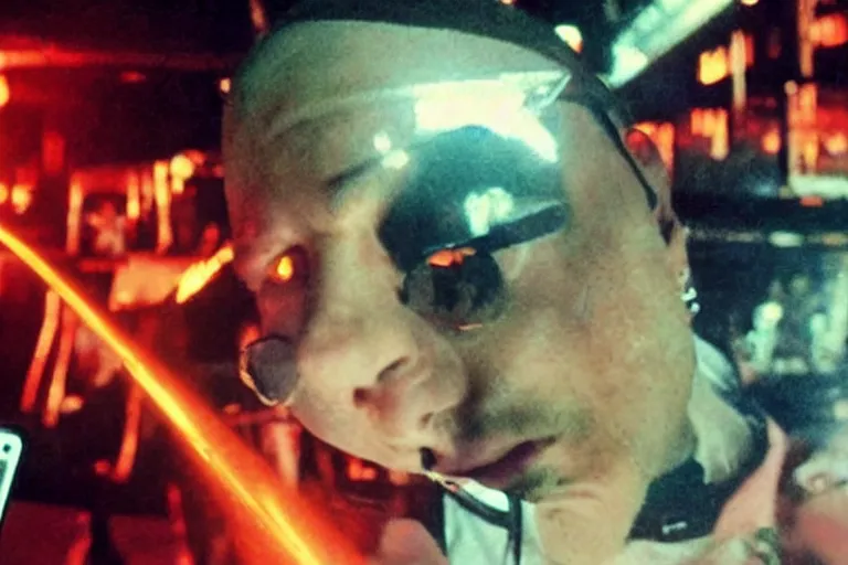 Prompt: pitbull taking a selfie, in hell in 1 9 8 5, y 2 k cybercore, industrial low - light photography, still from a kiyoshi kurosawa movie, lisa frank