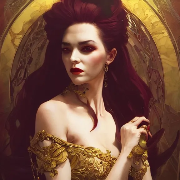 Prompt: excellent painted portrait of a elegant demon lady queen of hell, high quality painting with detailed face, 4k, trending on artstation, octane render, art by artgerm and greg rutkowski and alphonse mucha and craig mullins and James Jean and Andrei Riabovitchev and Marc Simonetti and peter mohrbacher