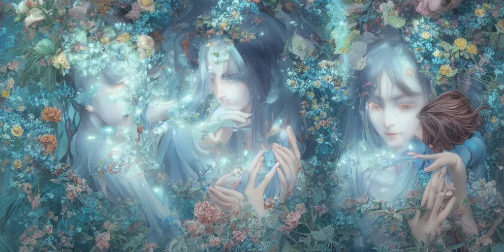 Image similar to breathtaking detailed concept art painting of in love goddesses of light blue flowers, orthodox saint, with anxious, piercing eyes, ornate background, amalgamation of leaves and flowers, by Hsiao-Ron Cheng, James jean, Miho Hirano, Hayao Miyazaki, extremely moody lighting, 8K