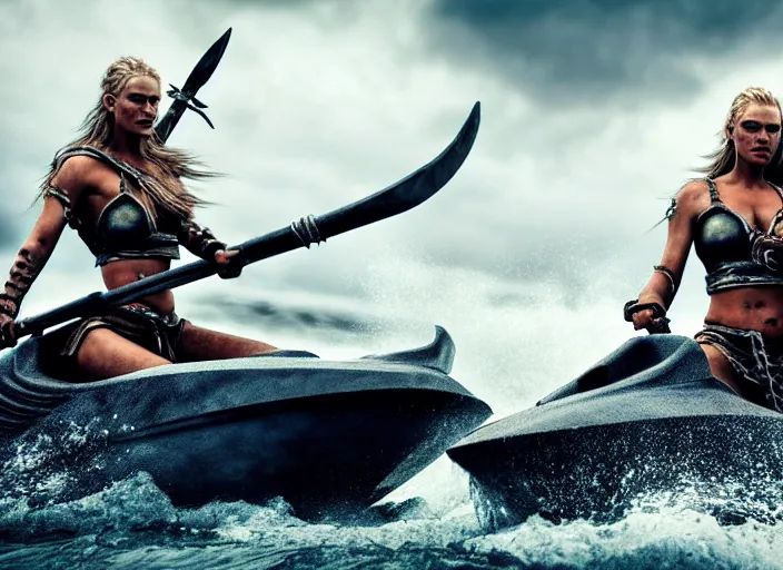 Image similar to dramatic photo of viking women with weapons riding on jet skis, wearing skin - tight futuristic valkerie bikinis, rough seas in background, lightning storms, water world, mad max, hyper - realistic, highly detailed, accurate, 8 k octane render, 2 8 mm, wide angle, rule of thirds