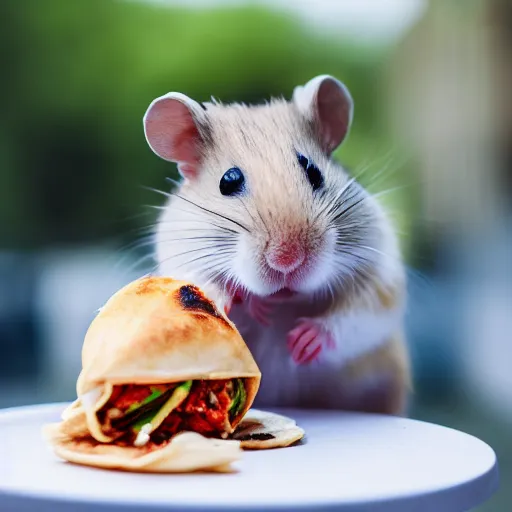 Image similar to detailed photo of a hamster eating a kebab, various poses, full body, daylight, 8 k