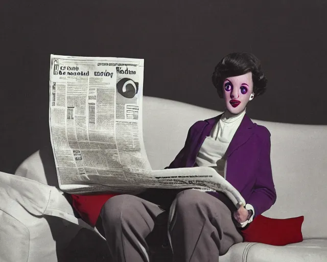 Image similar to Against a white cyc (white cyclorama backdrop) futuristic studious matte brown and red and chrome full-body humanoid robot with two huge round expressive sad purple glowing LED eyes and open rectangular mouth sitting on a large comfortable cushioned 1950s vintage recliner reading a newspaper. open newspaper. full shot Cinematic Movie Photograph, Arri Alexa, Extremely Detailed, smooth, very very clean, white cyc, white background, 8K, octane render, maya render, unreal engine, trending on artstation, DSLR, excellent composition, center frame