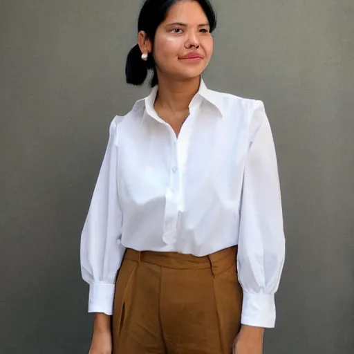 Prompt: an female wearing a white blouse with short sleeves