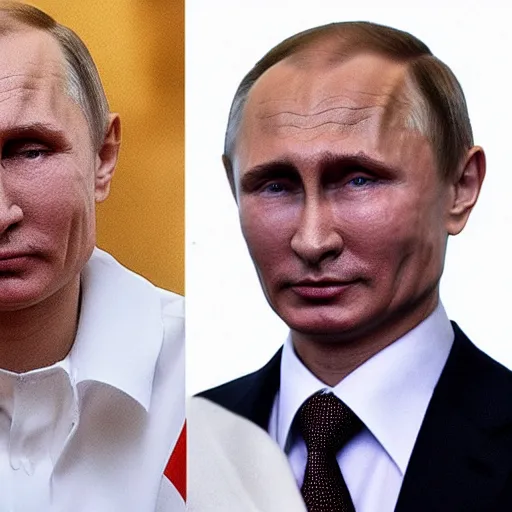 Image similar to putin teams up with a teenage putin, perfect faces