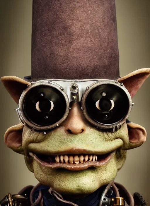 Image similar to closeup portrait of a steampunk medieval goblin wearing a top hat and goggles, depth of field, zeiss lens, detailed, symmetrical, centered, fashion photoshoot, by Annie Leibovitz and Steve McCurry, David Lazar, Jimmy Nelsson, Breathtaking, 8k resolution, extremely detailed, beautiful, establishing shot, artistic, hyperrealistic, beautiful face, octane render