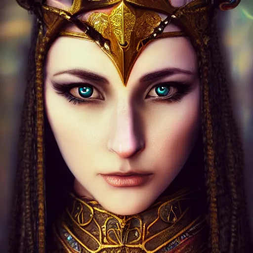 Image similar to beautiful female cleric with long black hair and a golden eye, focus on face, jewellery, fantasy, medieval, still, photograph, highly detailed, cinematic, romani descent, dramatic, dynamic lighting, award winning, masterpiece, trending on artstation