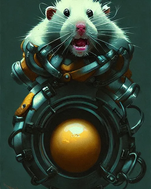 Prompt: wrecking ball the hamster from overwatch, character portrait, portrait, close up, concept art, intricate details, highly detailed, horror poster, horror, vintage horror art, realistic, terrifying, in the style of michael whelan, beksinski, and gustave dore