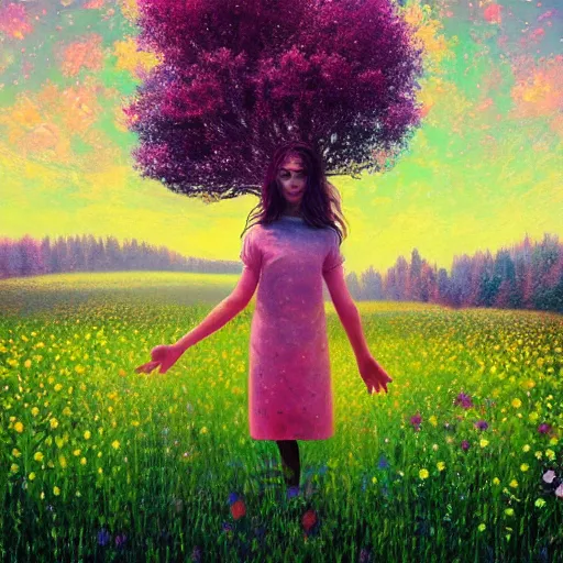 Image similar to girl with blooming face, surreal photography, dream, standing in flower field, hills, big trees, sunrise dramatic light, impressionist painting, colorful clouds, digital painting, pointillism, artstation, simon stalenhag