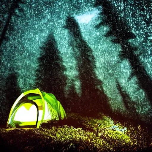 Image similar to photograph of an astronaut sitting inside a small tent at night, in heavy rainfall, alien planet, portrait picture, trees, forest, ferns, moss, wet, astronaut is relaxing