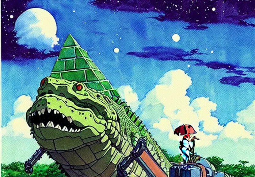 Image similar to a hyperrealist watercolor concept art from a studio ghibli film showing a giant mechanized crocodile from howl's moving castle ( 2 0 0 4 ). a pyramid is under construction in the background, in the rainforest on a misty and starry night. a ufo is in the sky. by studio ghibli