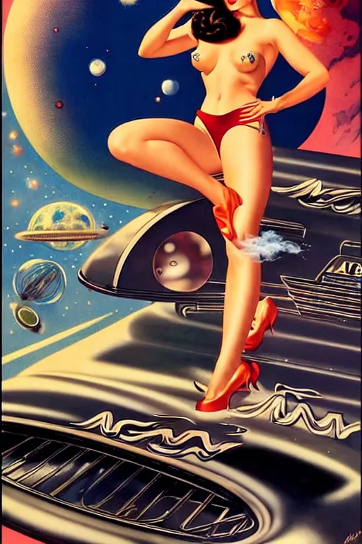 Image similar to beautiful retro space megan fox varga girl sitting on a space car in diesel punk city, windblown dark hair, retro pinup model, seductive, 1 9 4 0, glamour pose, intricate, smoke, hyper detailed, digital art, smooth, sharp focus, alberto vargas, gil elvgren, greg rutkowski, propaganda poster