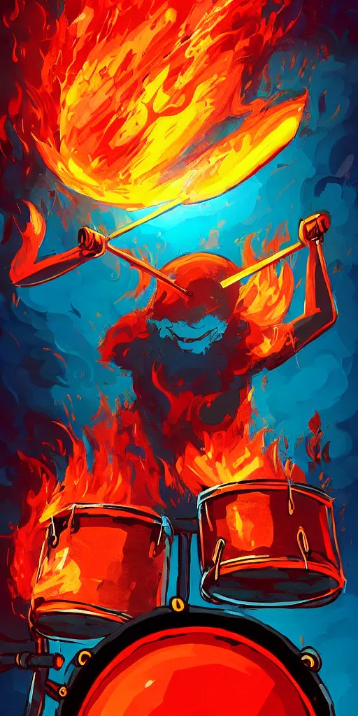 Prompt: Beautiful illustration depicted a heavy metal drummer playing on drums::lava and fire around::art by Petros Afshar and Robert Kirkman