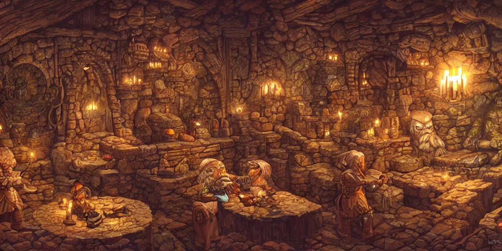 Prompt: intricate dwarven workshop, gemstone deposits, mining, detailed, soft lighting, fantasy artwork, larry elmore, jeff easley