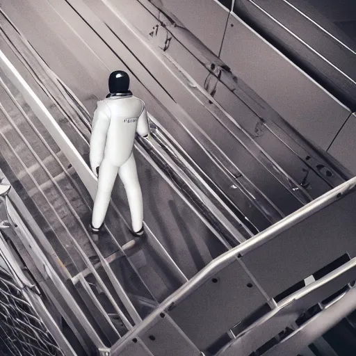 Image similar to mysterious man in silver space suit, walking on an industrial catwalk with stairs that lead nowhere, floating in deep space, 4 k photograph, isometric view