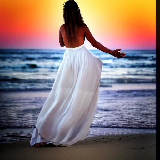 Image similar to a beautiful photograph of a woman in a white dress on the beach at sunset, by krysia lukkason